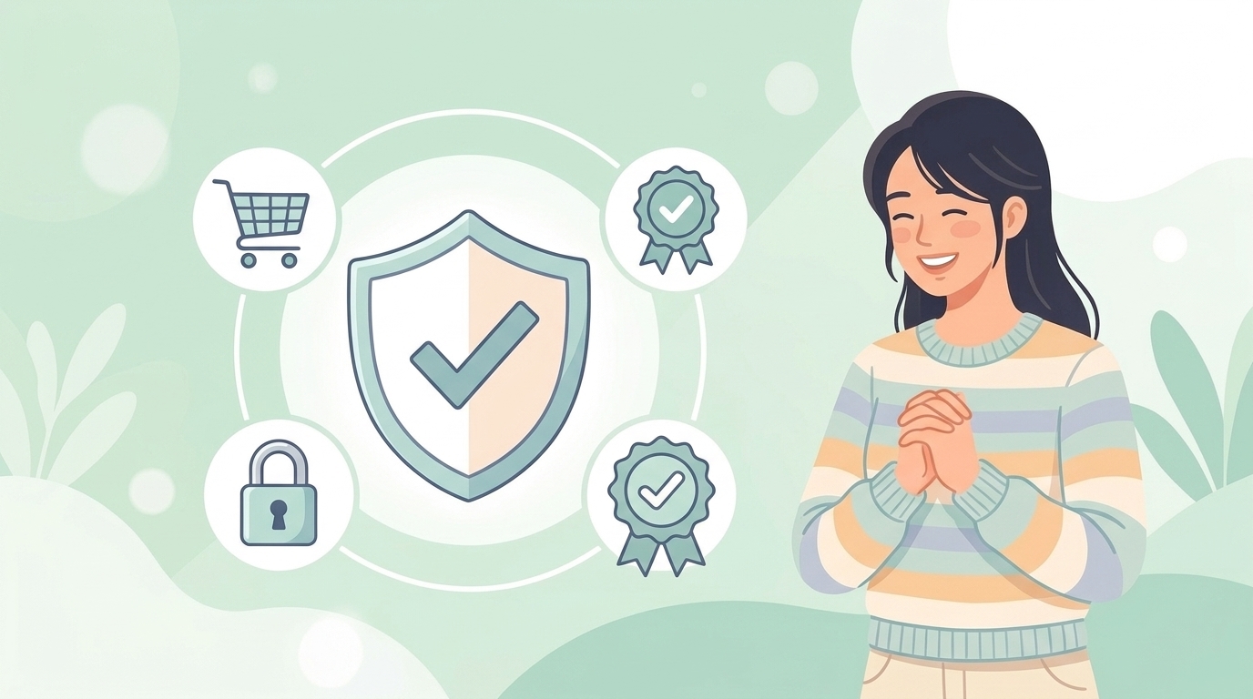 安全な購入を象徴するシールドと安心する女性のイラスト