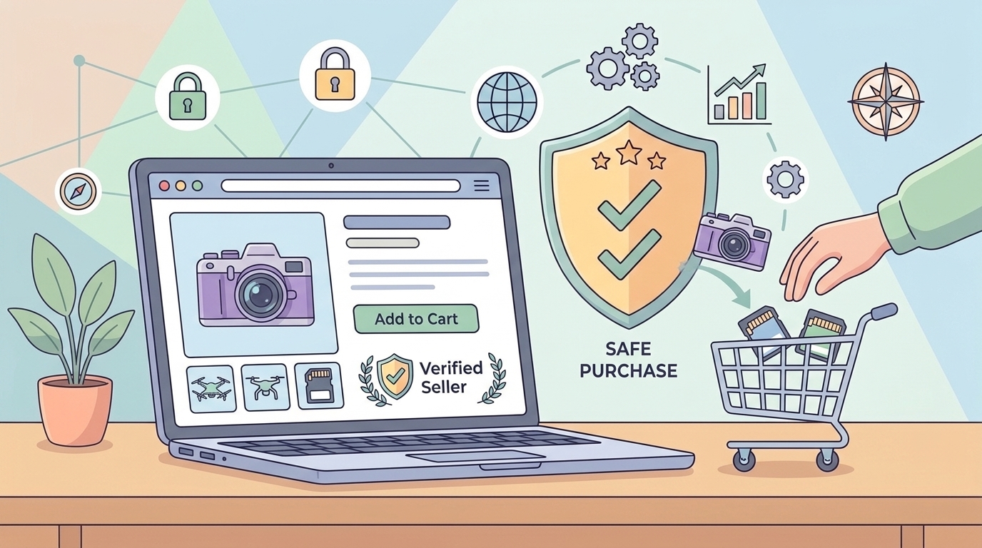 正規販売店での安心購入を表すオンラインショッピングのイラスト