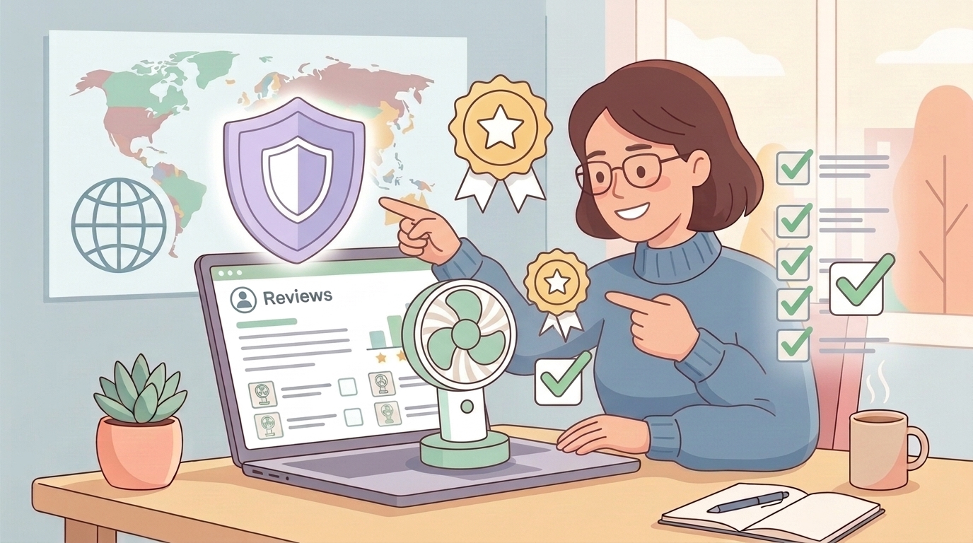 安全シールドと認証バッジで扇風機の安全性を確認する人のイラスト