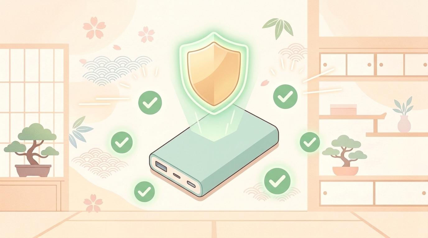 モバイルバッテリーと安全シールド・チェックマークのイラスト