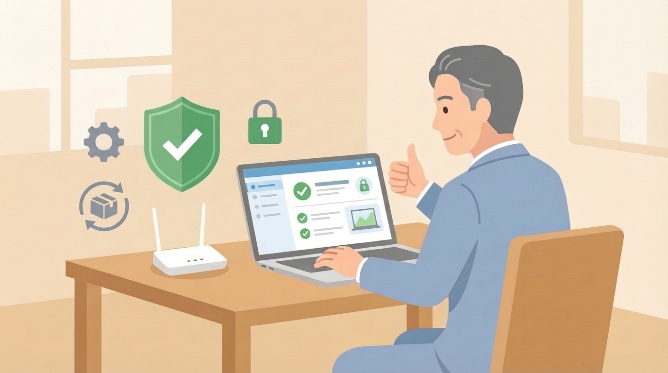 ルーターのセキュリティ設定を行う男性のイラスト