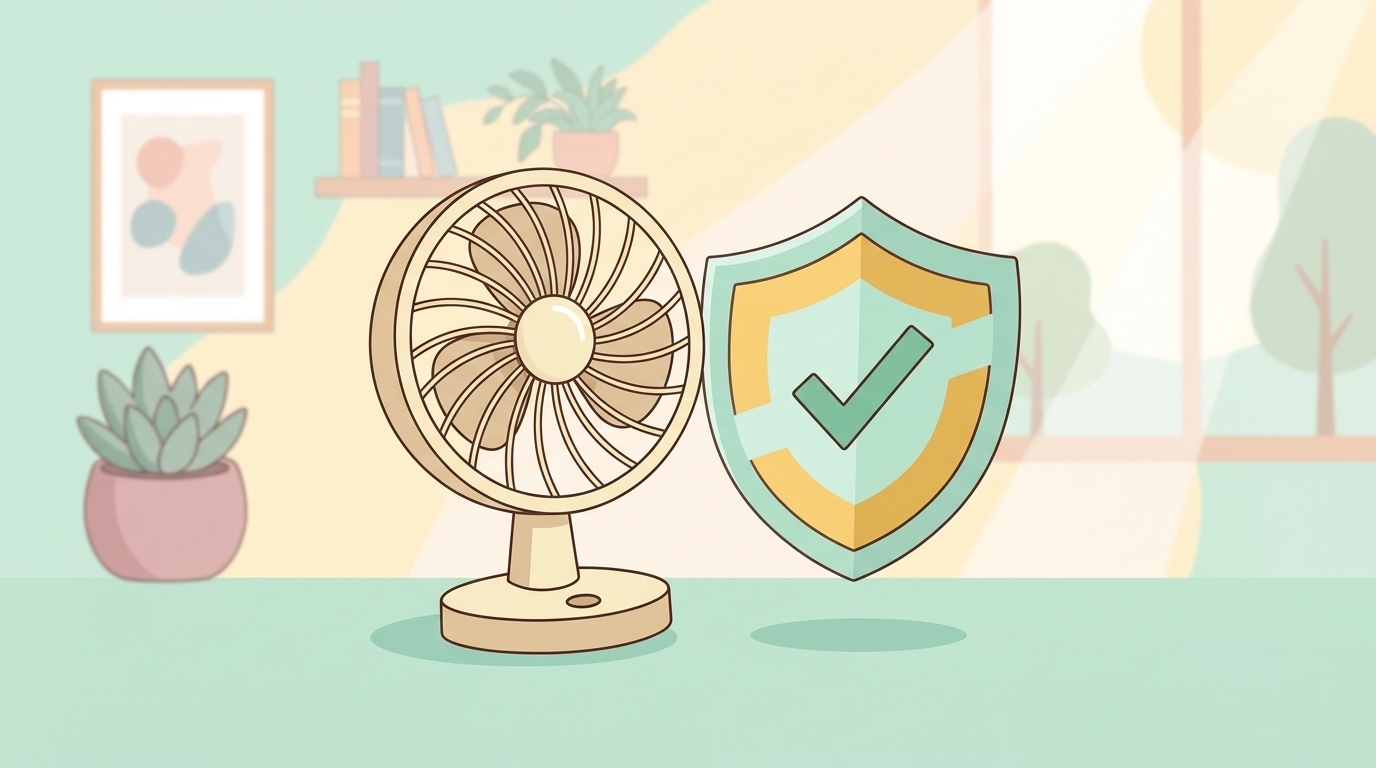卓上扇風機と安全認証シールドのイラスト
