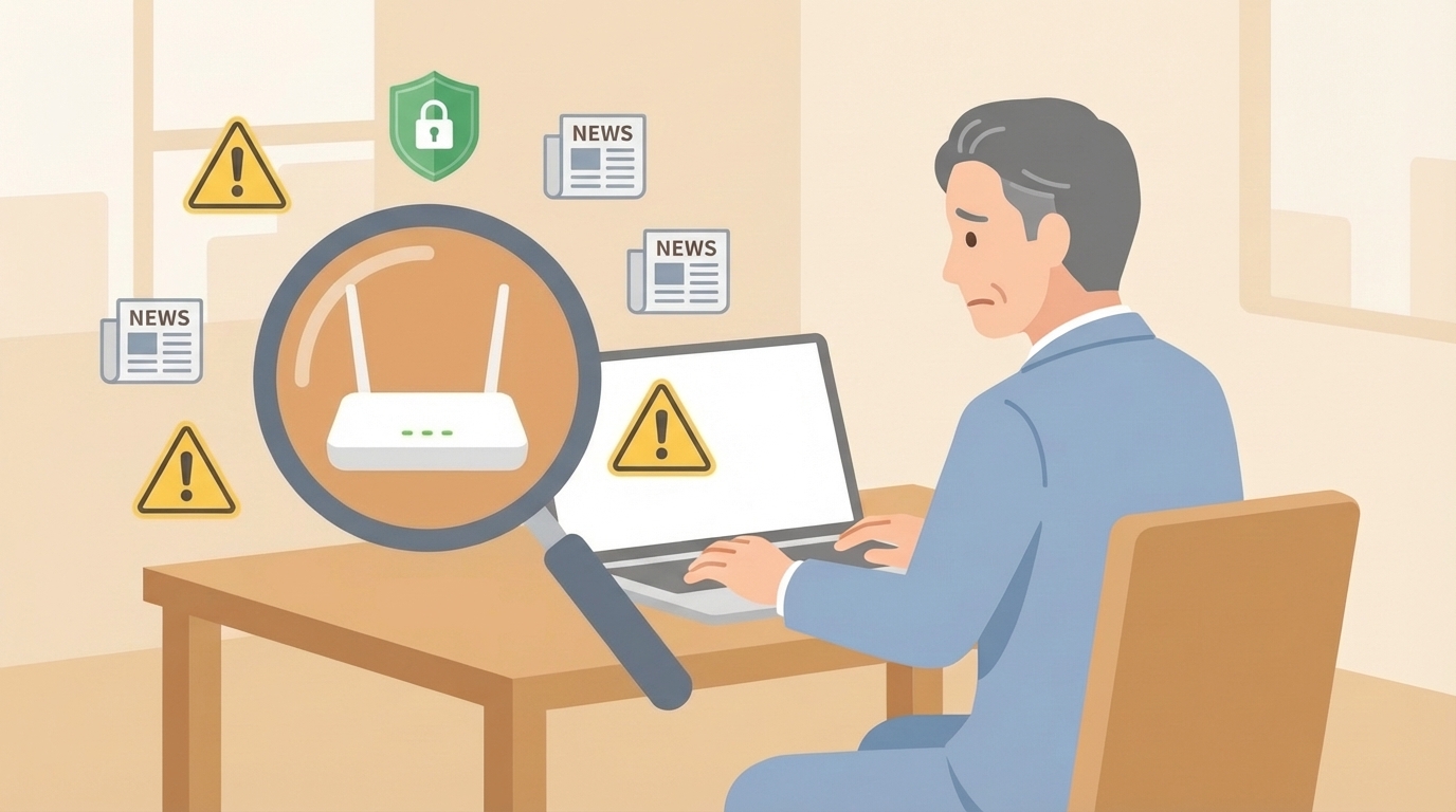 ルーターのセキュリティを検証する男性のイラスト