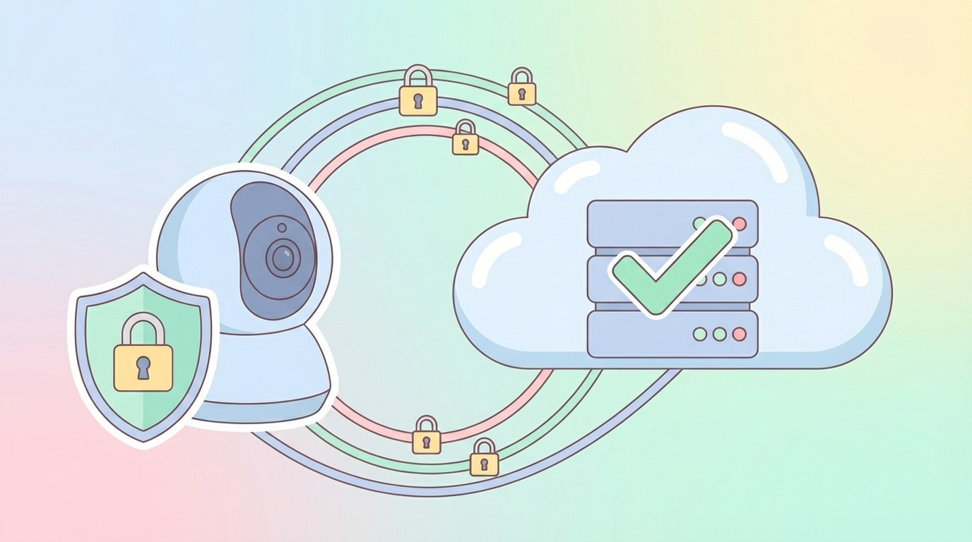 防犯カメラと盾アイコン・クラウドサーバーの暗号化イラスト