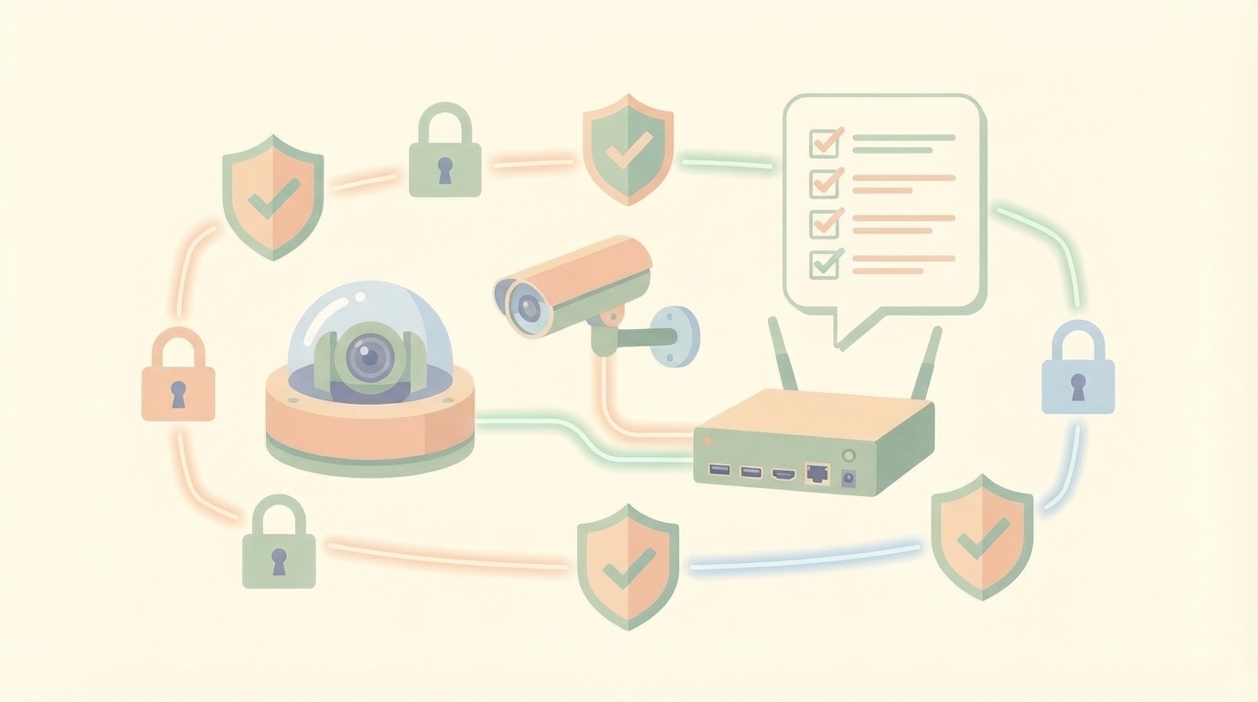 防犯カメラとルーターをシールドと鍵で守るセキュリティ対策のイラスト