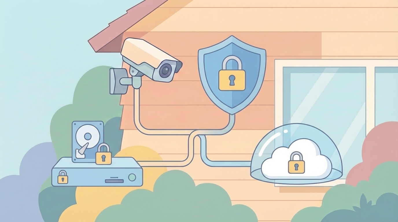 防犯カメラのセキュリティ対策を示すシールドとロックのイラスト