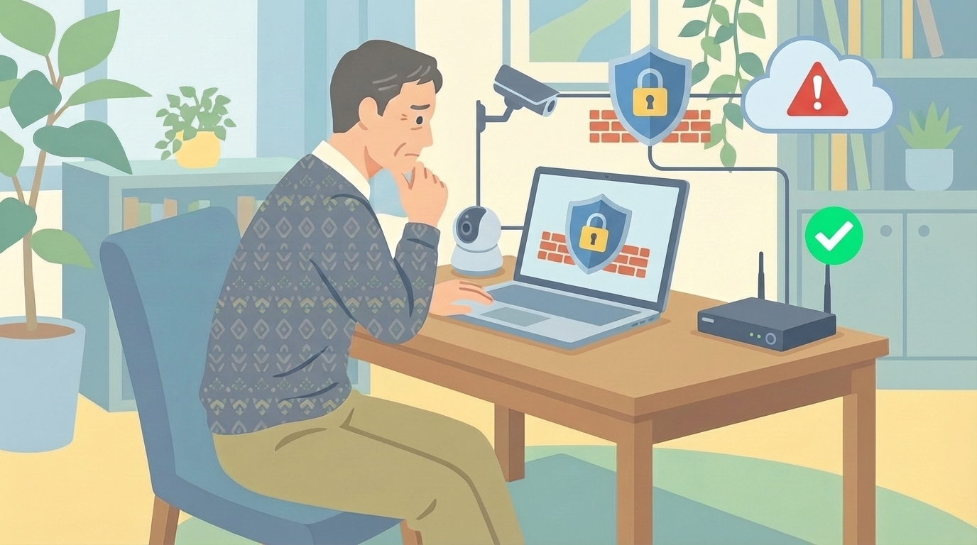 防犯カメラのセキュリティ対策を示すイラスト