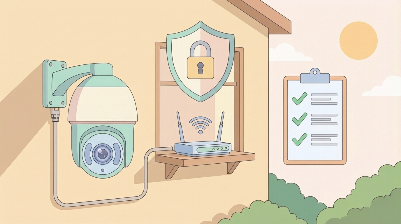 PoEカメラとセキュリティ対策チェックリストのイラスト