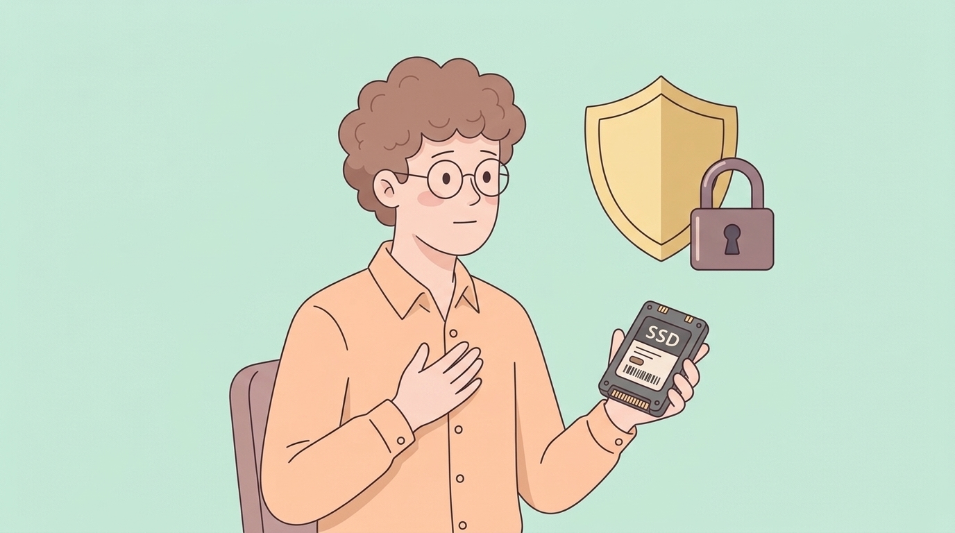 SSDを手に持ちセキュリティシールドと鍵を眺める男性のイラスト