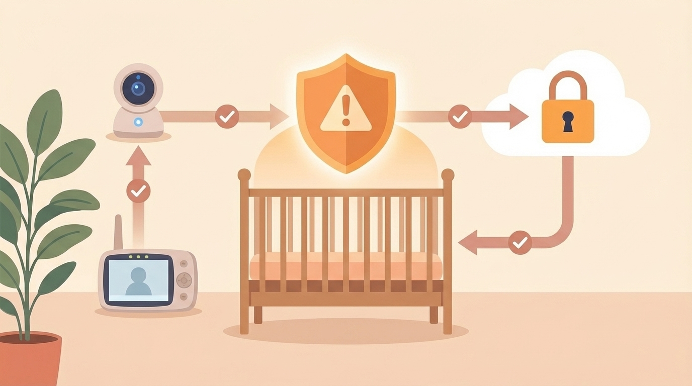 ベビーベッドとカメラのセキュリティ対策のイラスト