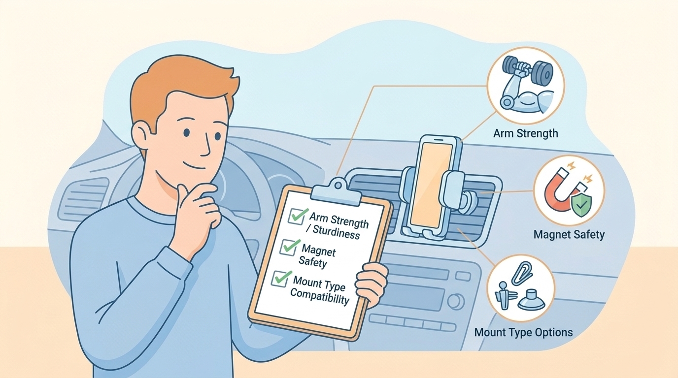 車載スマホホルダー選びのチェックリストを持つ男性のフラットイラスト