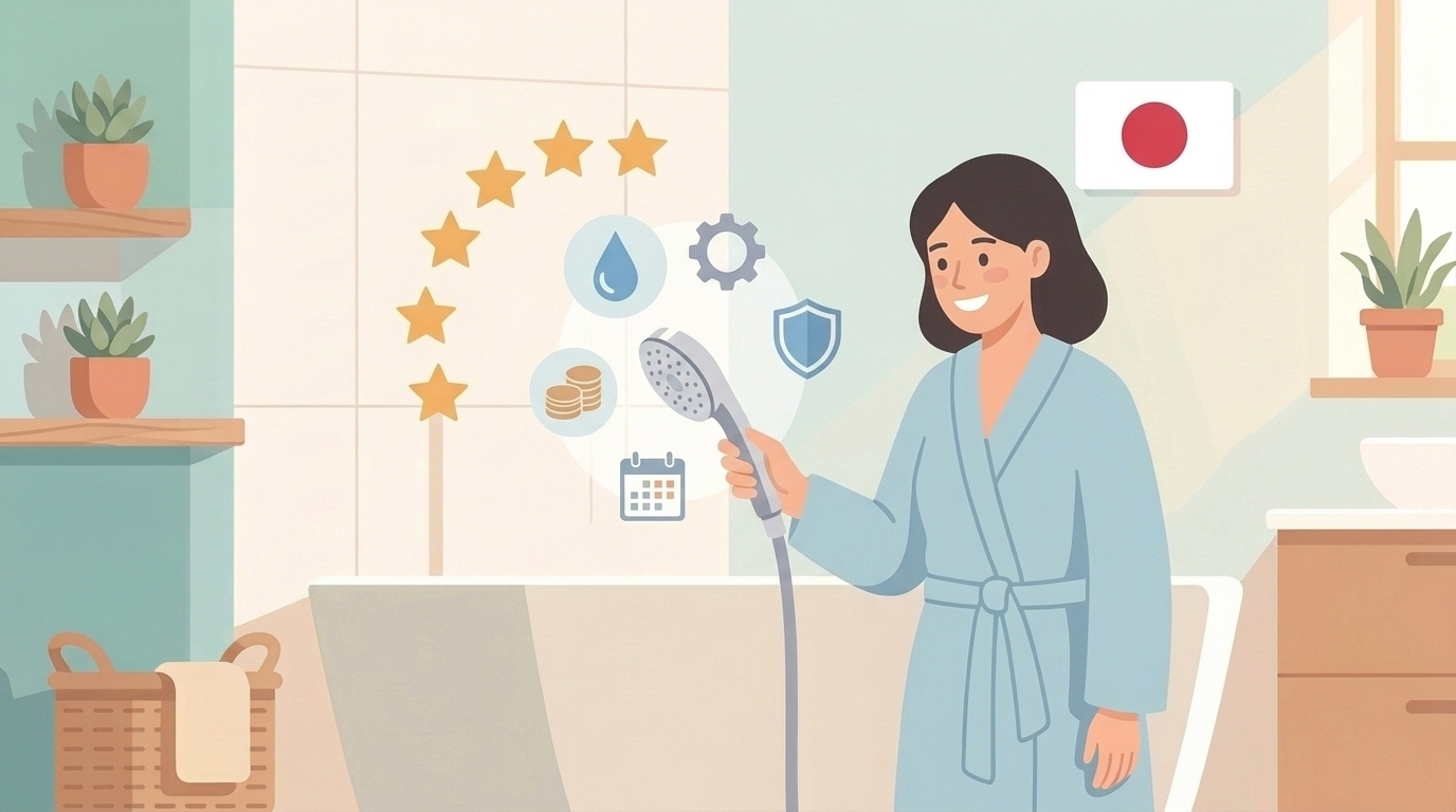 選択基準アイコンを持ちシャワーヘッドを選ぶ満足した女性のイラスト