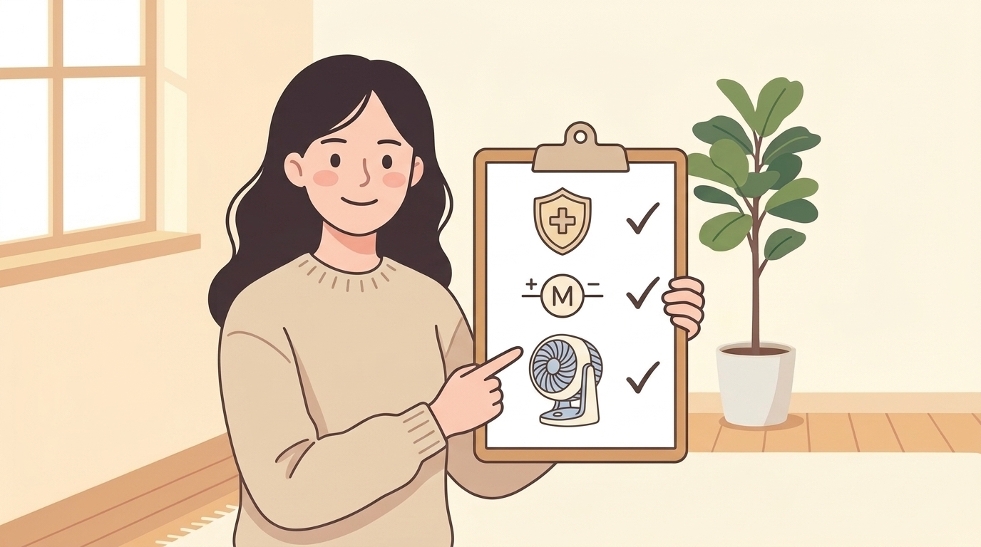 安全バッジ・モーター・サーキュレーターのチェックリストを持つ女性のイラスト