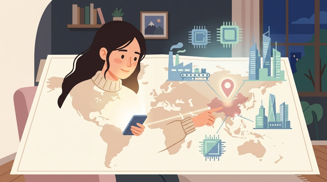 世界地図で中国・深センを指差す女性のイラスト