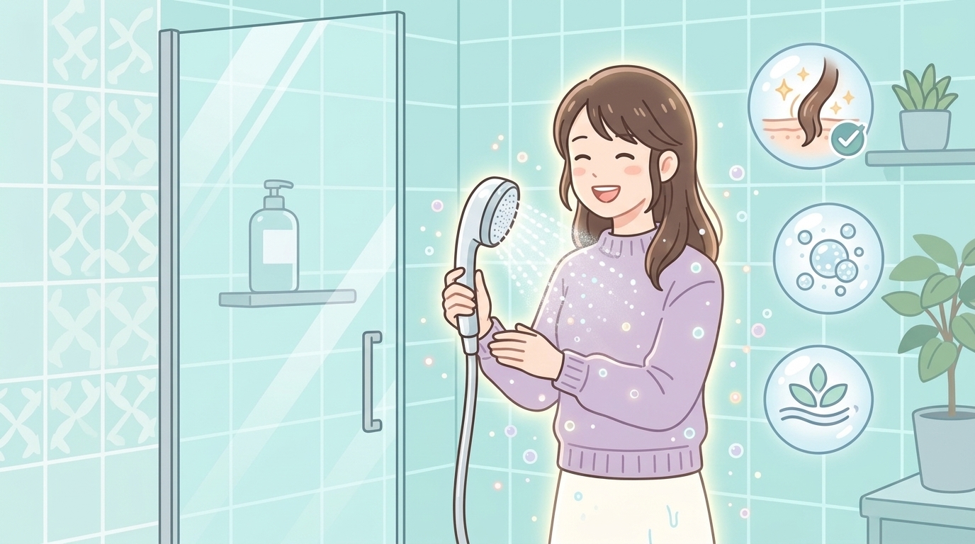 マイクロナノバブルシャワーヘッドを使う女性と微細な泡のイラスト