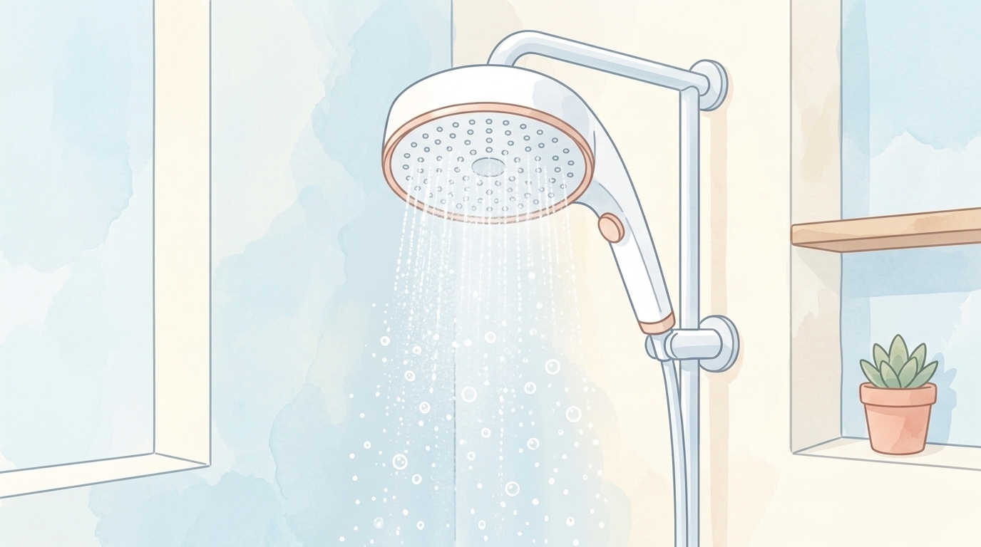 マイクロナノバブルが流れる清潔なシャワーヘッドのイラスト