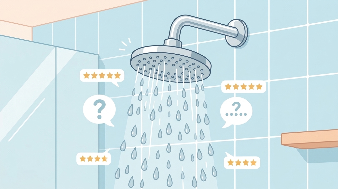 水が流れるシャワーヘッドとレビュー星評価のイラスト