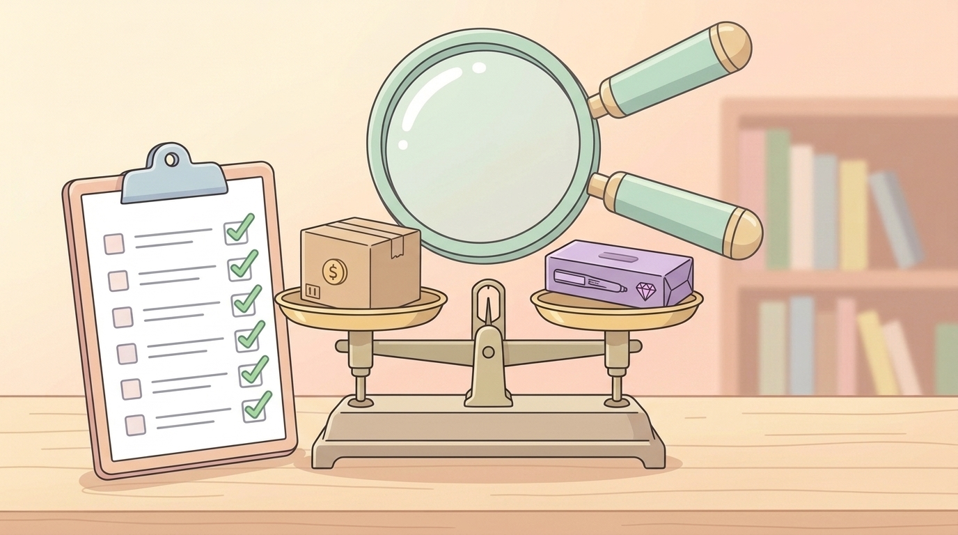 チェックリストとバランス秤で格安品と高品質品を比較するイラスト