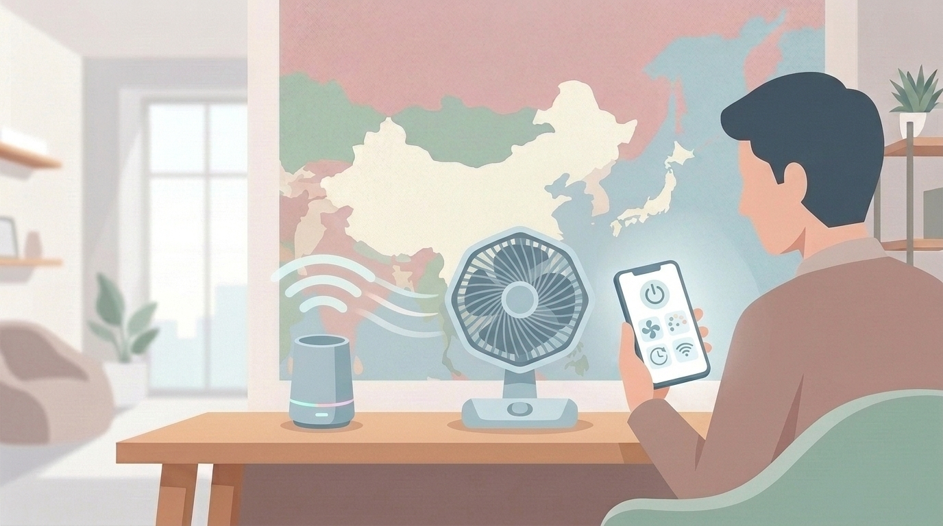 スマートホームハブとサーキュレーターをスマートフォンで操作するイラスト