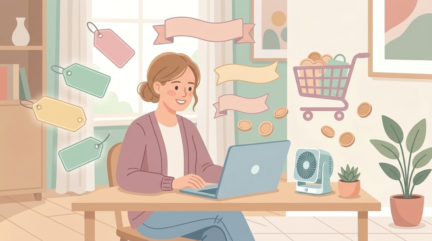 セールタグとショッピングカートが浮かぶオンラインショッピングのイラスト