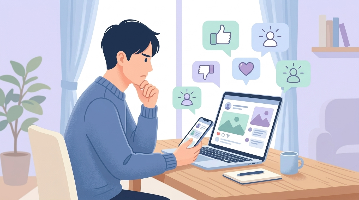 スマートフォンでSNSの口コミを調べている男性のイラスト