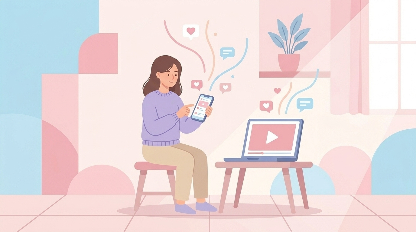 SNSとYouTubeを同時にチェックする女性のイラスト
