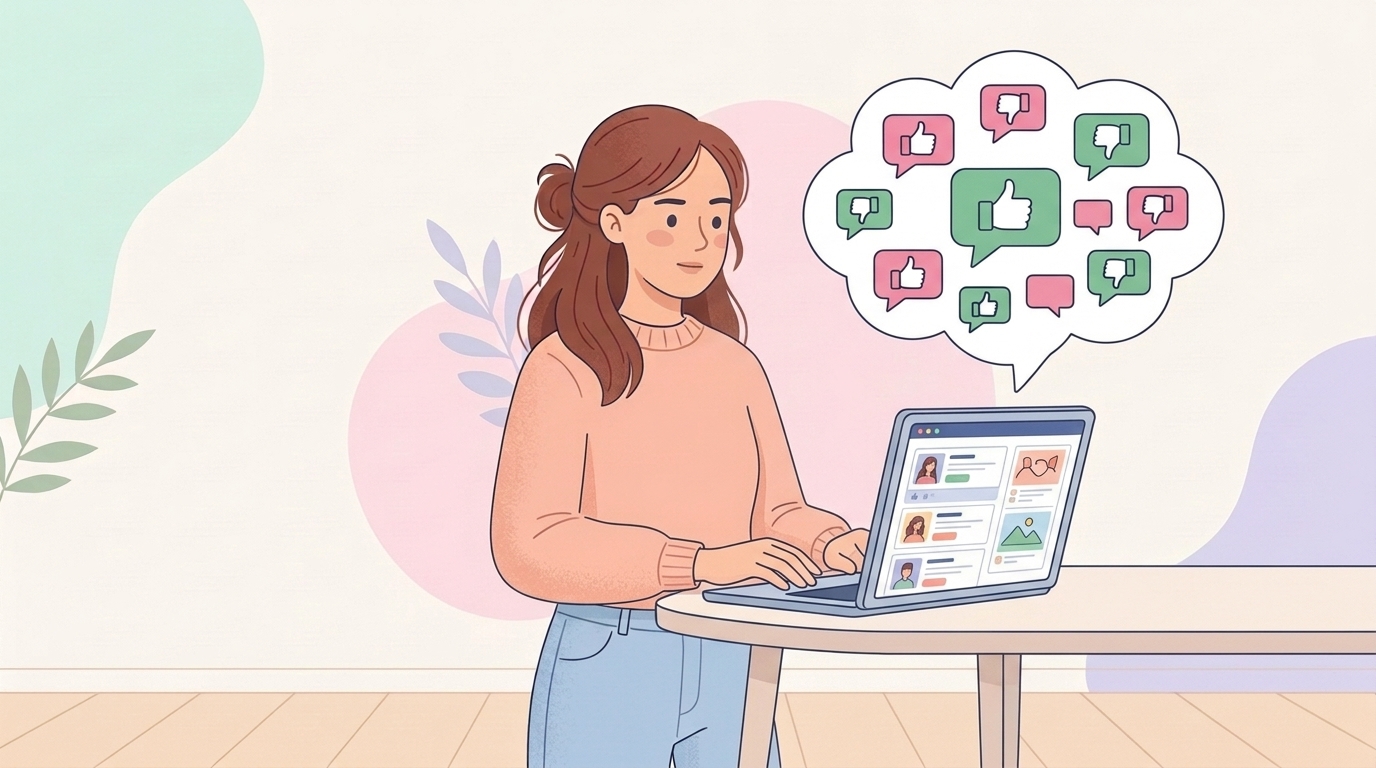 SNSでいいね・低評価の口コミを読み込む女性のイラスト