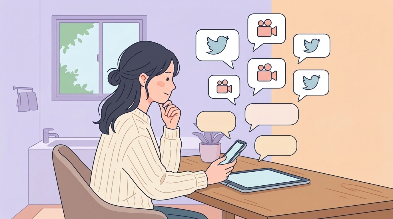 SNSの吹き出しアイコンを眺める女性のイラスト