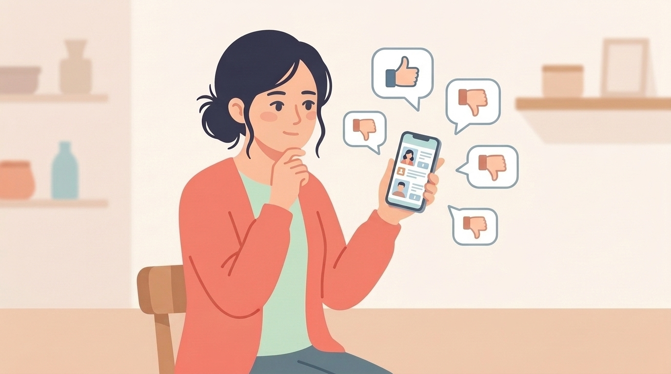 SNSを閲覧しながらいいね・低評価反応を確認する女性のイラスト