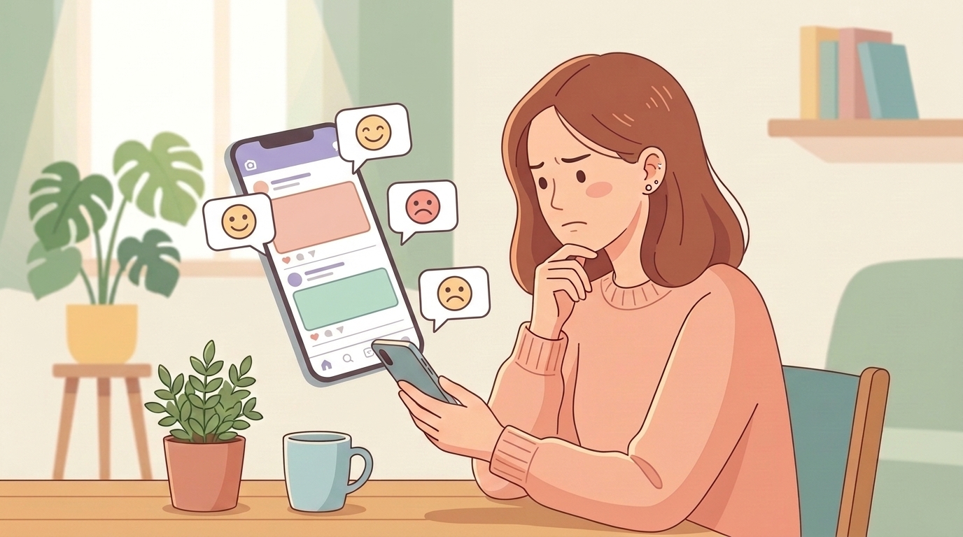 SNSの賛否混在する口コミを眺める女性のイラスト