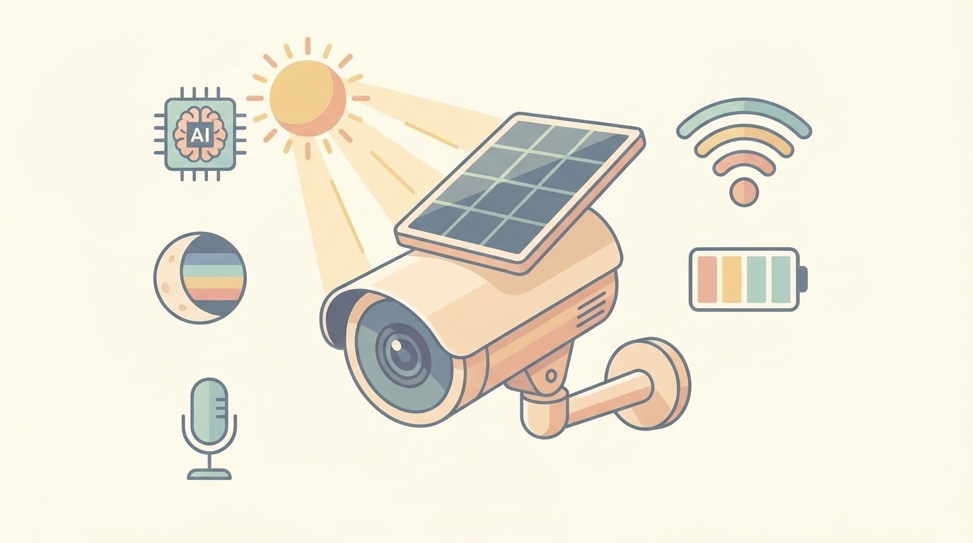 ソーラーパネル搭載防犯カメラとAI検知などの機能アイコン