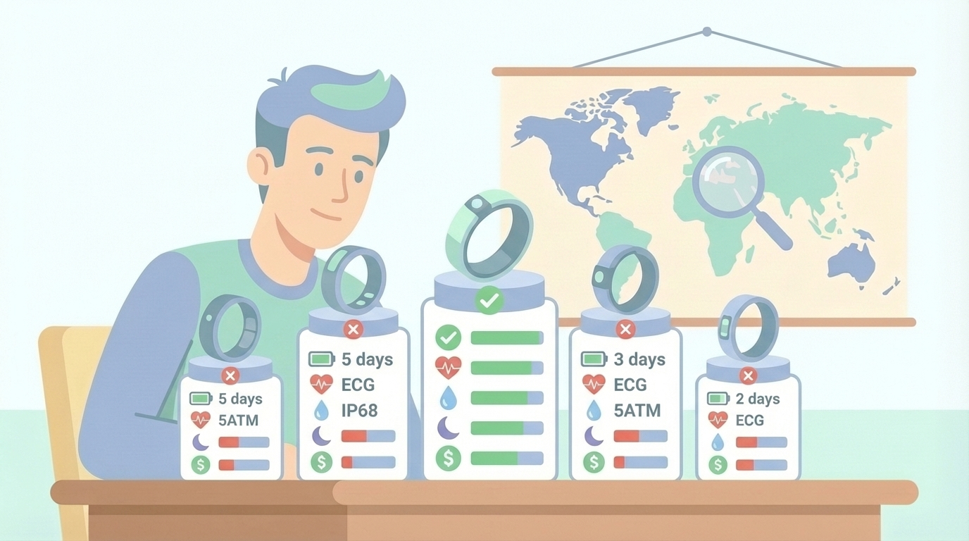 スマートリングのスペックを比較する男性のイラスト