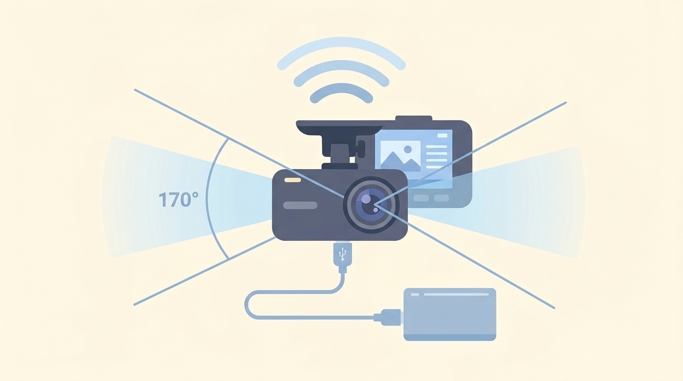 ドラレコの170度広角レンズやWi-Fi機能などスペックを図解したイラスト