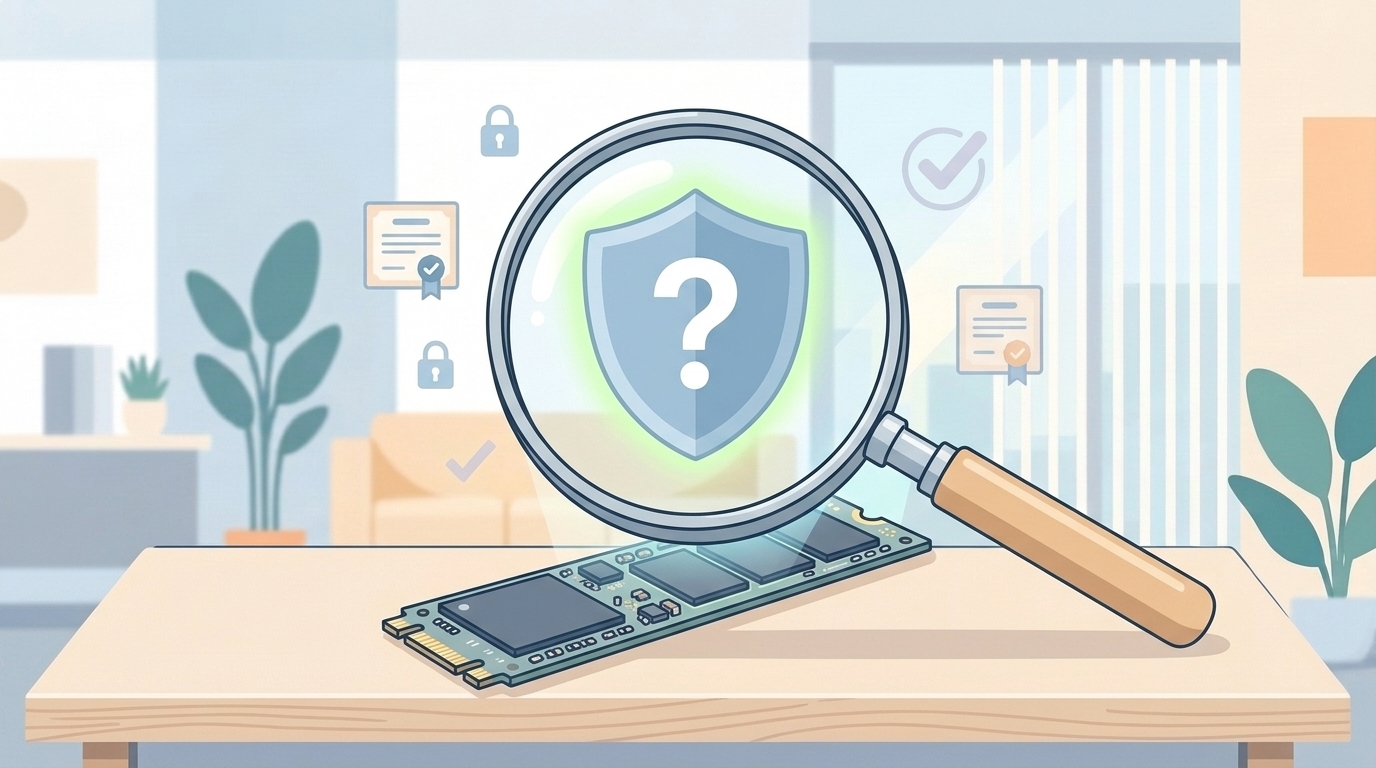 M.2 SSDを虫眼鏡で調査するシールドアイコン付きイラスト