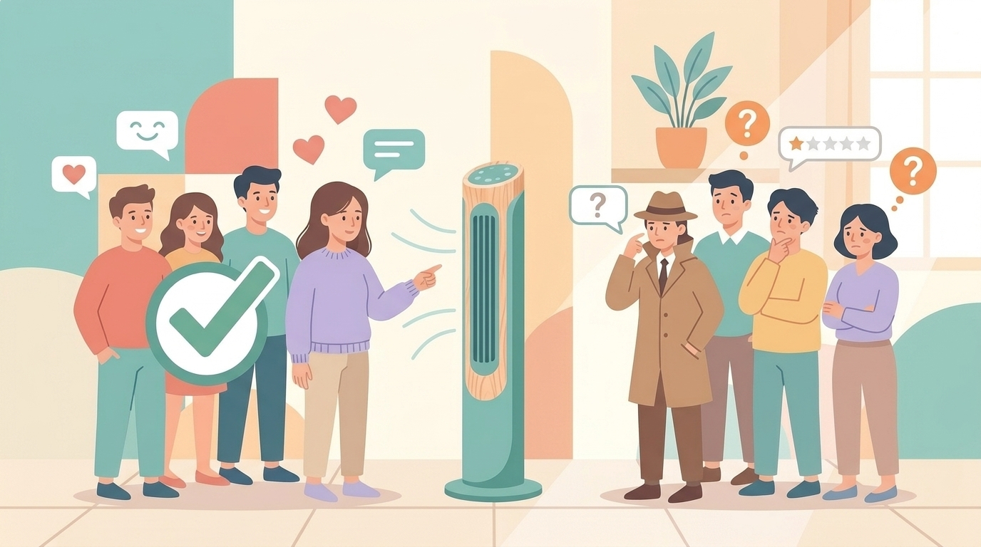 購入に向いている人と向いていない人をタワーファンを挟んで比較したイラスト