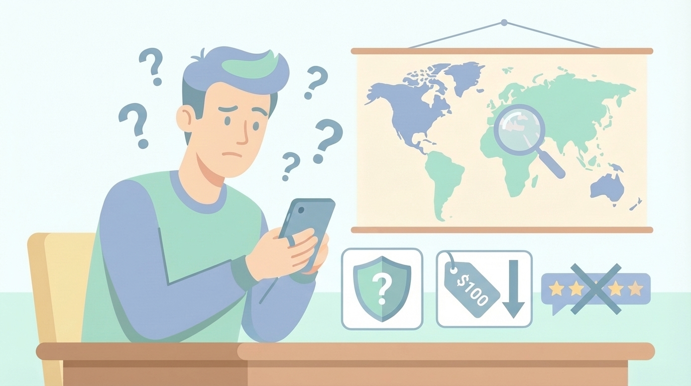 ブランドへの不安を感じてスマホで調べる男性のイラスト