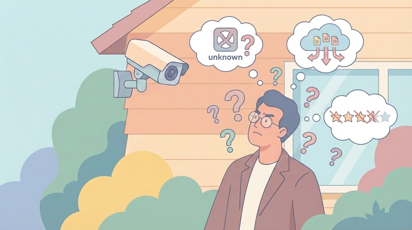 防犯カメラに疑問を抱く男性と3つの不安要素のイラスト