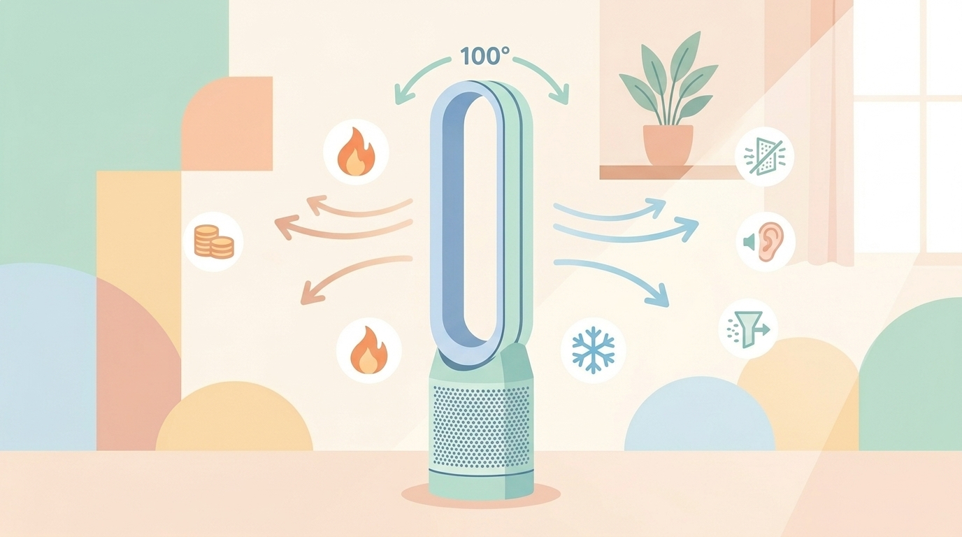 100度首振りの風量矢印と機能アイコンが並ぶタワーファンのイラスト