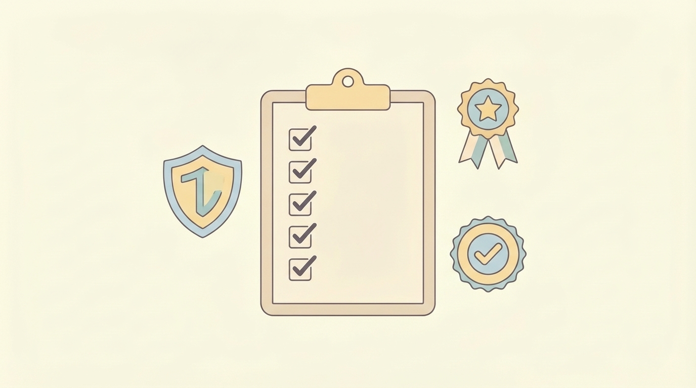 チェックリストと信頼性を示すシールドや認証バッジのイラスト