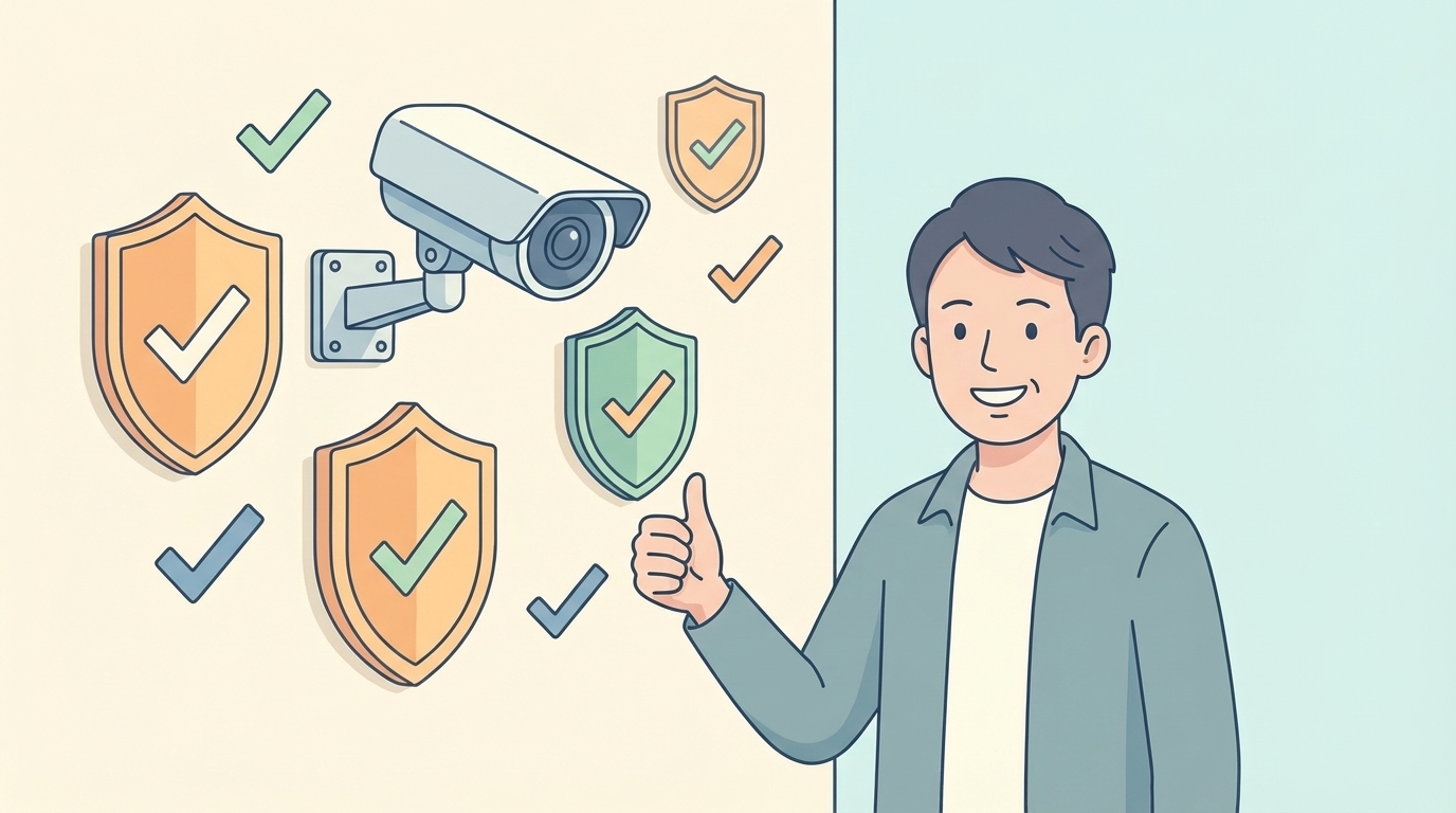 防犯カメラとシールドアイコンで信頼性を示す男性のイラスト