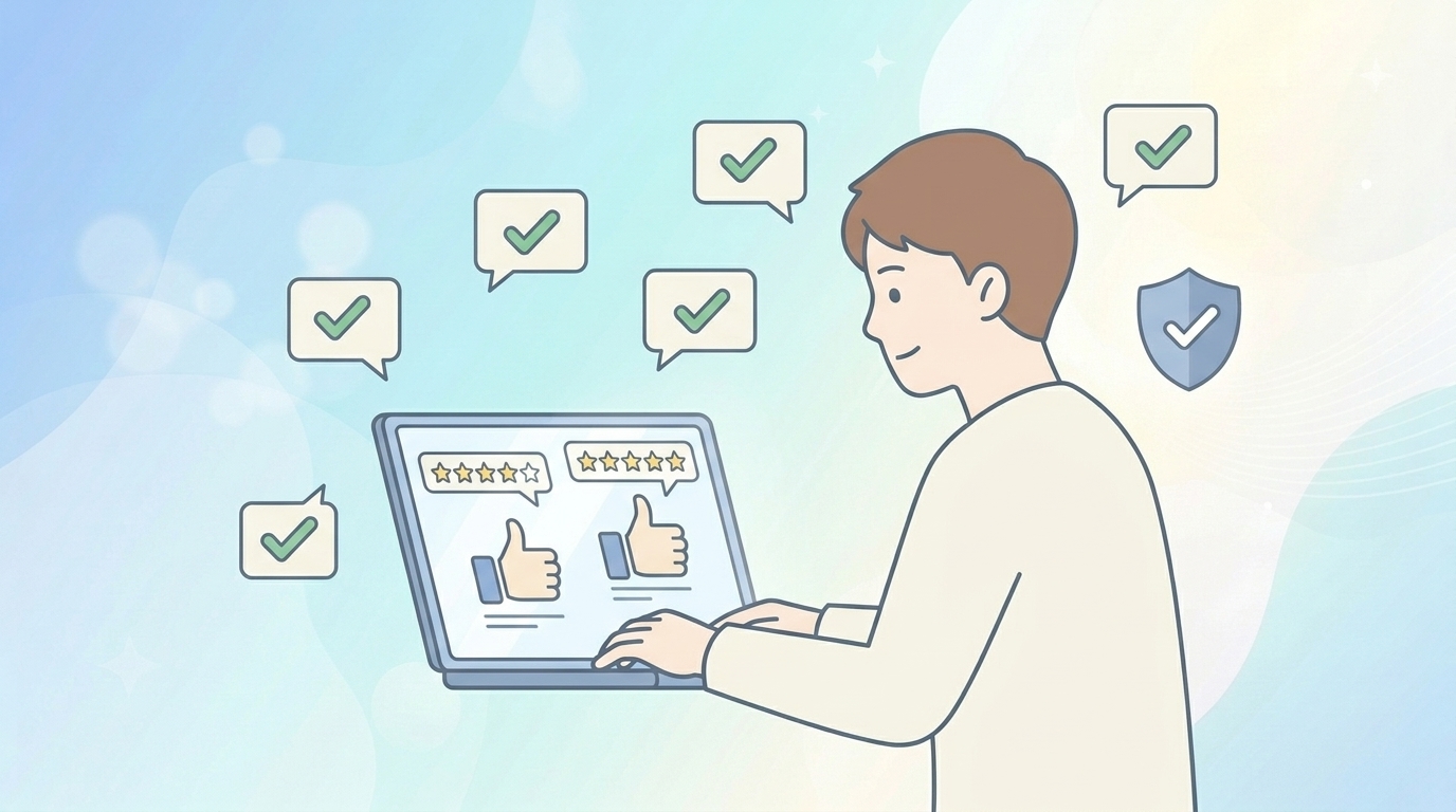 レビュー画面を見る人物とチェックマーク・シールドアイコンのイラスト