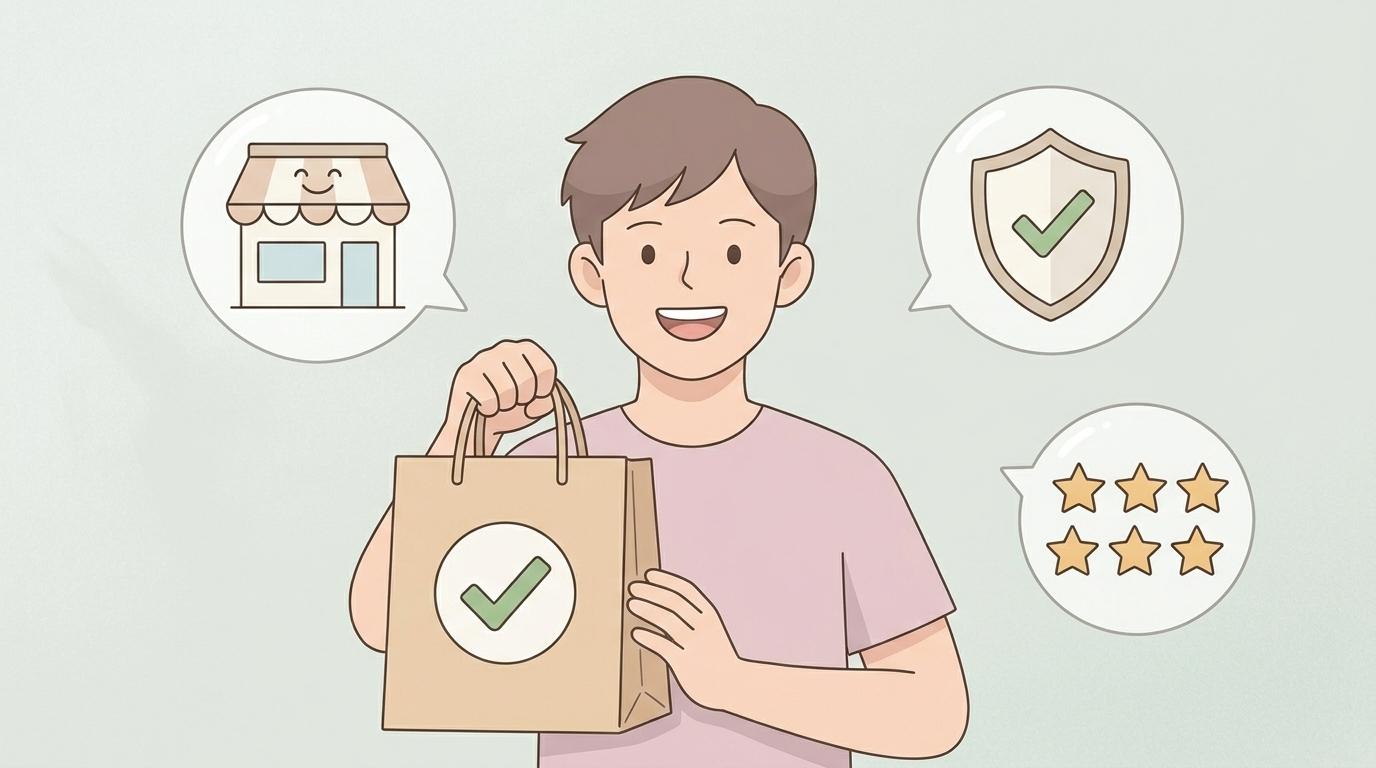 チェックマーク付きショッピングバッグを持つ安心した人物のイラスト