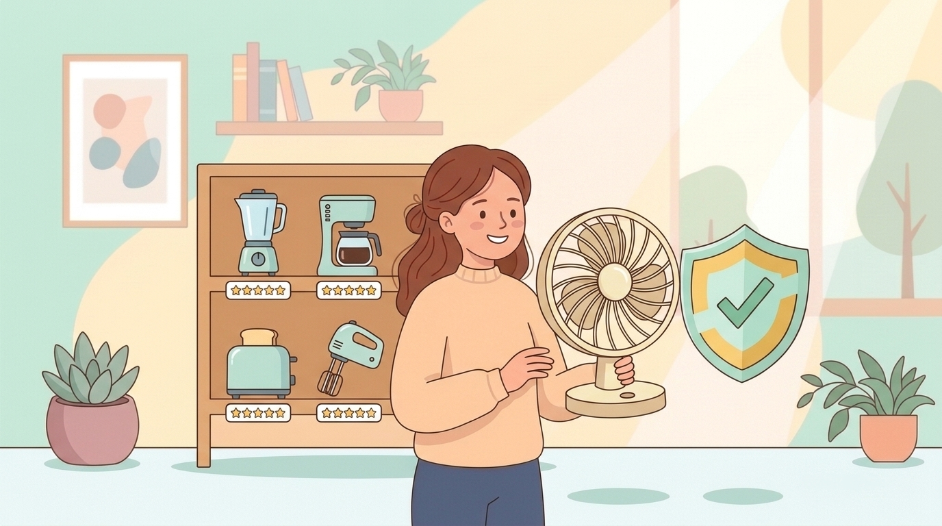 信頼できる家電製品を選んで笑顔の女性のイラスト