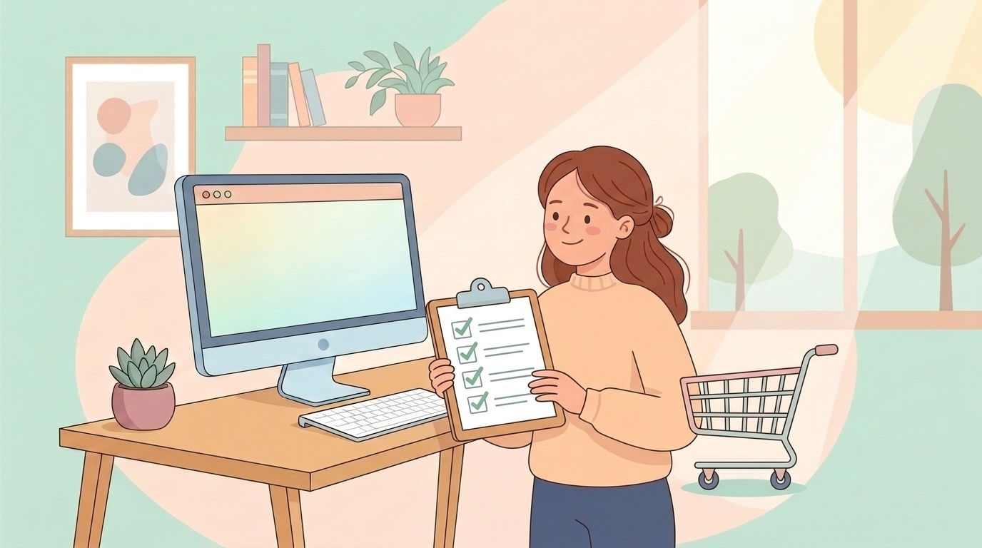 チェックリストを持つ女性とショッピングカートのイラスト