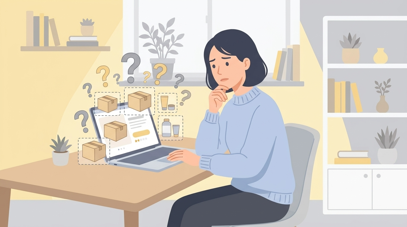 不明ブランド商品に疑問を感じる女性のイラスト