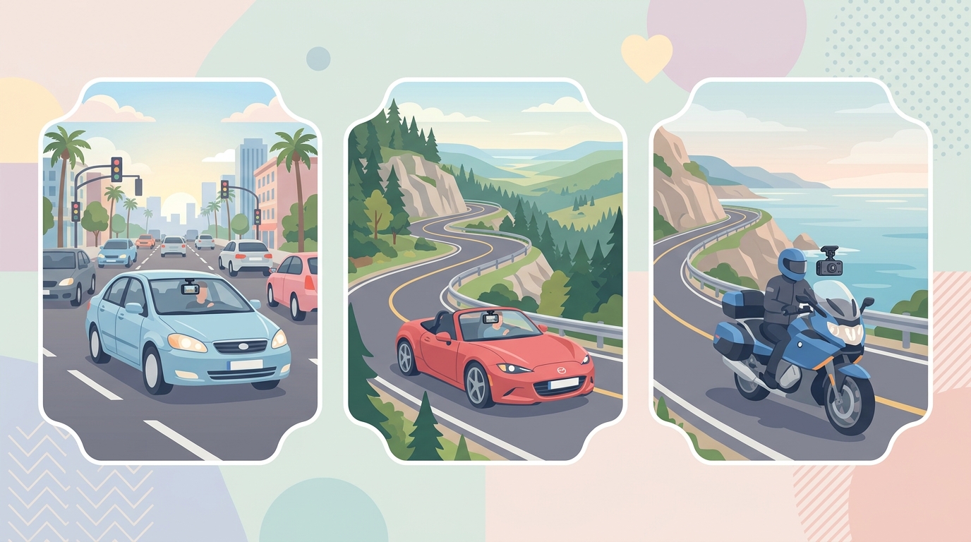 通勤・ドライブ・バイクの3つの利用シーンのイラスト