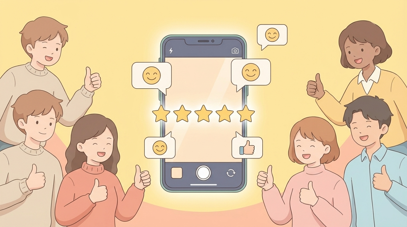 スマートフォンの星評価と複数ユーザーのフラットイラスト