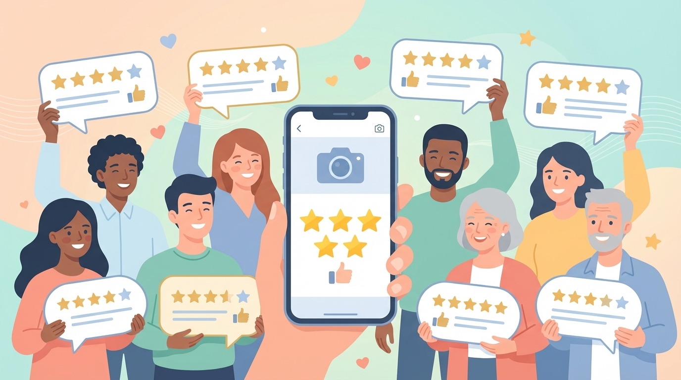スマホのカメラアプリ評価画面と星評価を持つユーザーたちのイラスト