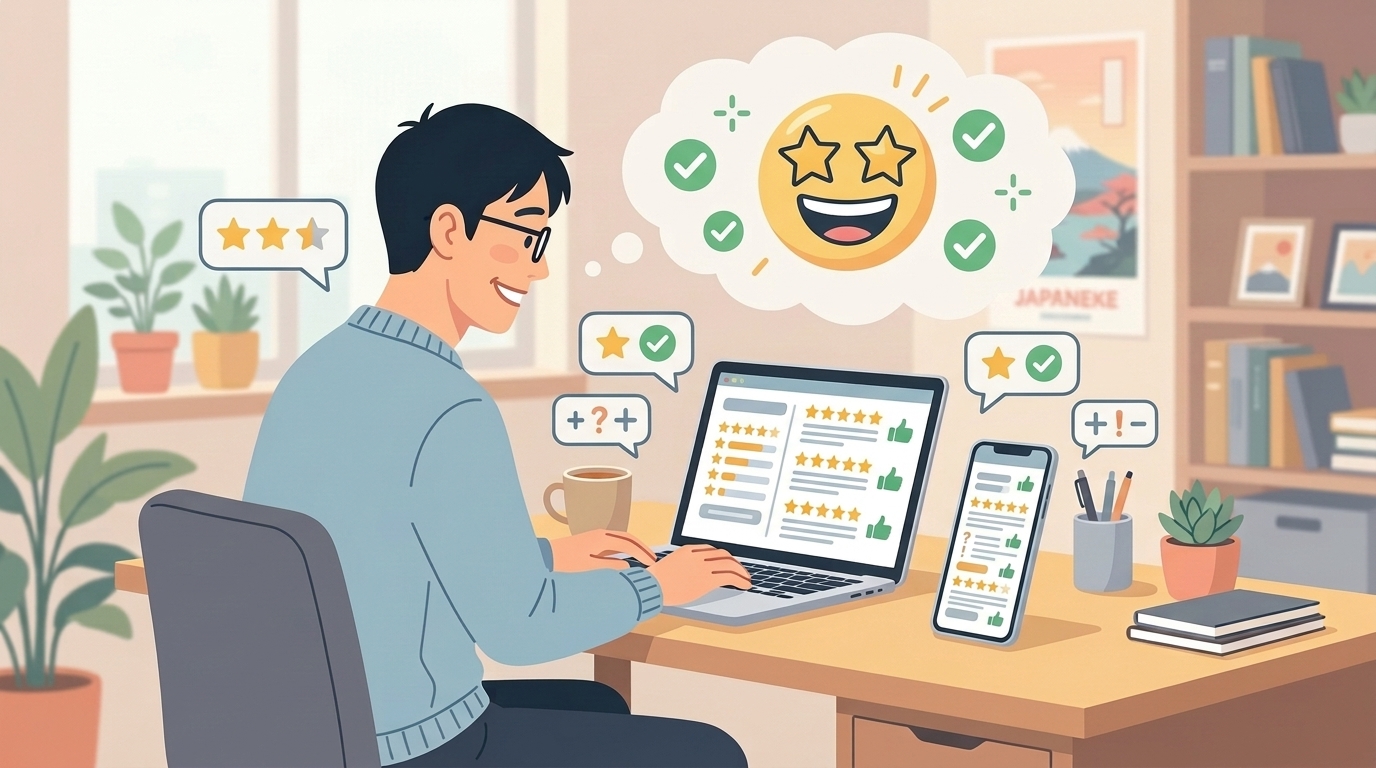 ユーザーレビューと星評価を確認するイラスト