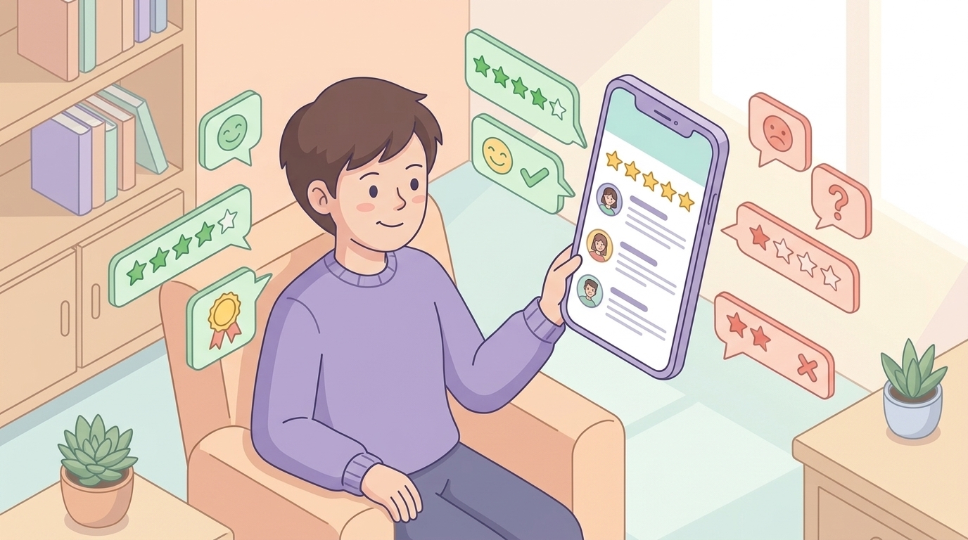 スマホでレビューを確認する人のイラスト